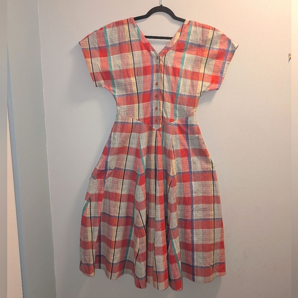 Vintage 1980s Does 50s Simon Chang Plaid Dress – Multicolor, Fit & Flare, Size 6